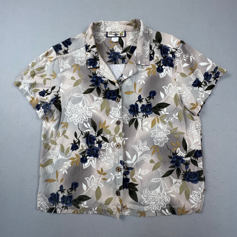 Caribbean Joe Button Up Shirt Womens Large Tan Blue Floral Tropical Camp Summer